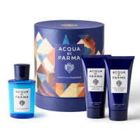 Coffret Acqua di Parma Mirto di Panarea : eau de toilette 100 ml, gel lavant et lotion 75 ml, étui bleu des fêtes