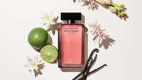 Narciso Rodriguez for her musc noir rose et ses notes : bergamote, baies roses, cœur de musc, tubéreuse, vanille, patchouli, cuir