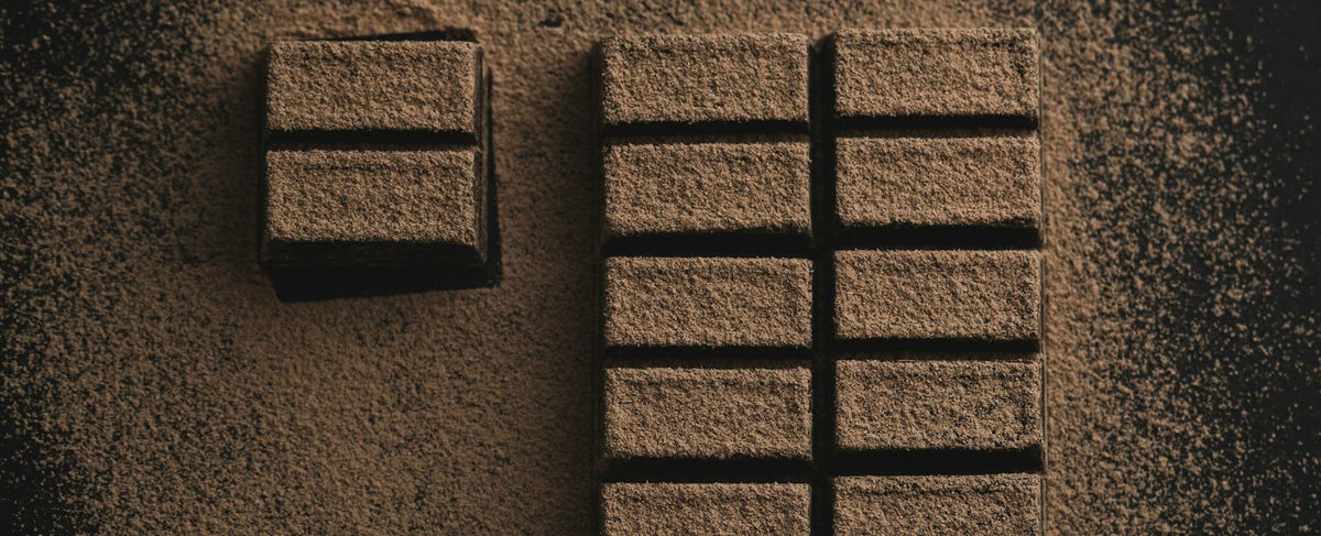 Tablettes et éclats de chocolat noir en composition chaleureuse — l'univers de sensations et de gourmandise de Juliette Binoche selon la parfumerie Olara