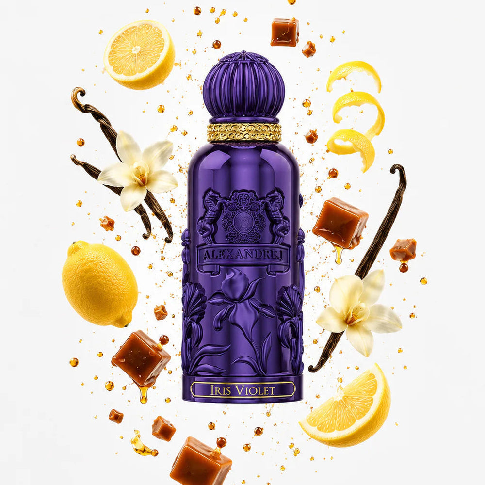Alexandre.J Iris Violet II et ses notes : citron, gingembre, milkshake fruits rouges, noix de muscade, rhum, vanille, caramel, bois ambré