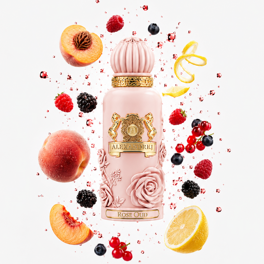 Alexandre.J Rose Oud II et ses notes : pêche, citron, gingembre, bergamote, fruits rouges, violette, rose, oud, bois ambré, poivre noir, santal
