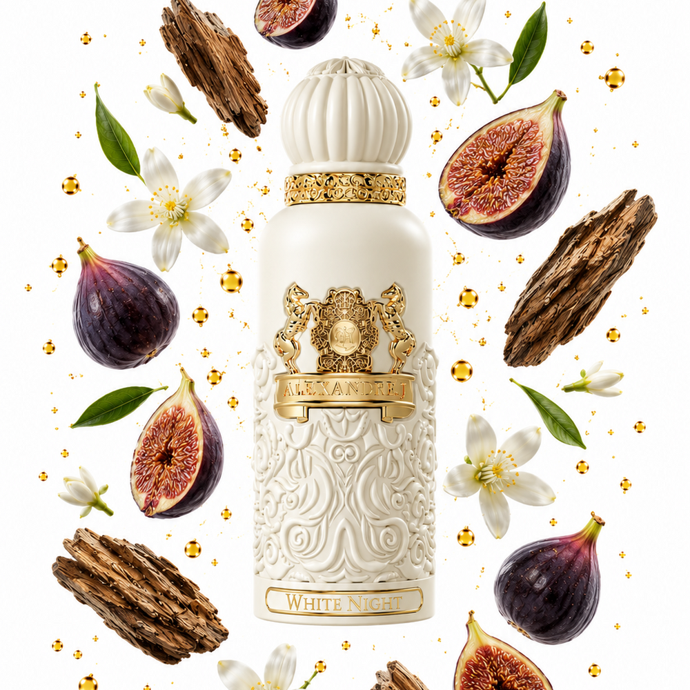 Alexandre.J White Night et ses notes : lait de figue, fleur d’oranger, gingembre, santal, musc blanc, cèdre de Virginie, bois de gaïac