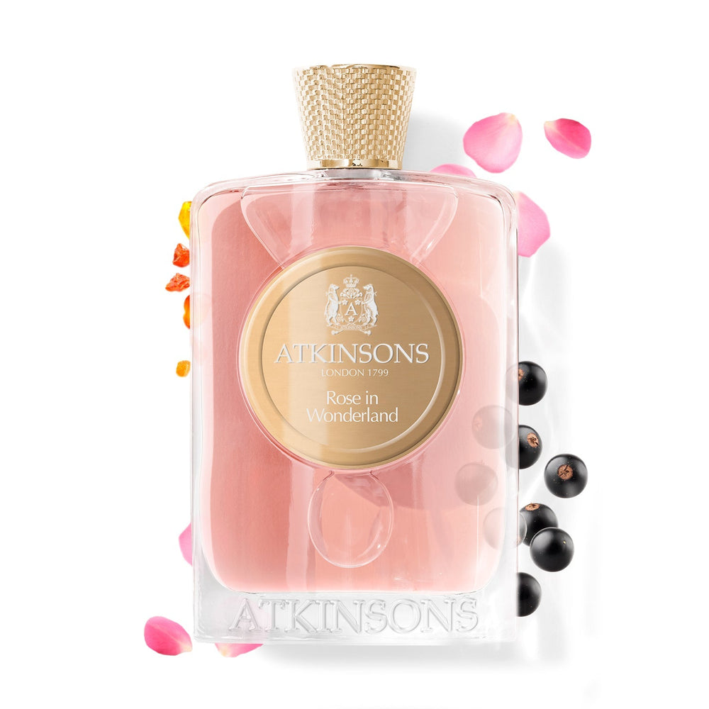 Atkinsons Rose in Wonderland et ses notes : rosée de rose, bourgeons de cassis, rose centifolia, géranium, ambre cristal, vétiver