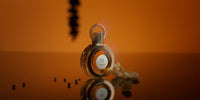 Le flacon de Poivre Sacré et des grains de poivre sur fond orangé