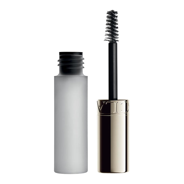 Gel sourcils transparent Clarins Wonder Sculpt Brow Gel Clear, flacon ouvert et brosse